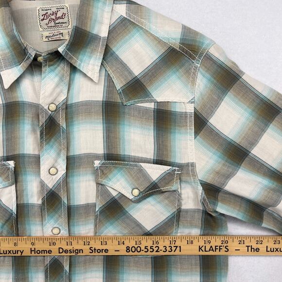LUCKY BRAND Shirt Mens M Plaid Pearl Snap Front Western Double Layer Cotton Gray - Picture 13 of 15